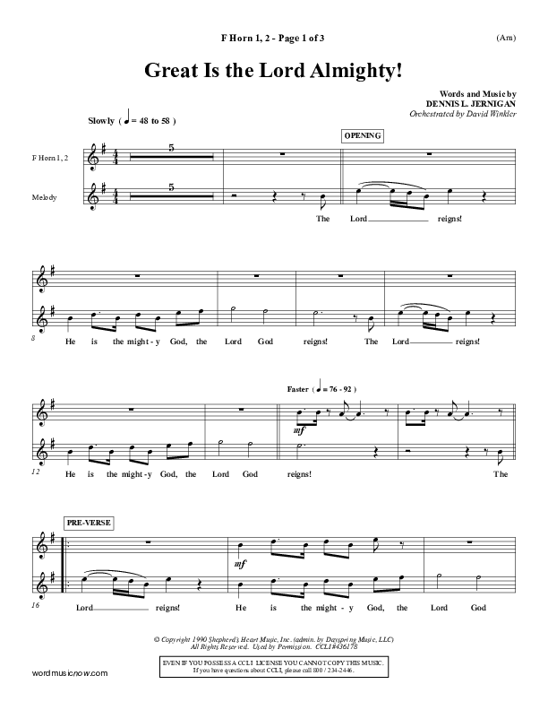 Great Is The Lord Almighty French Horn 1/2 (Dennis Jernigan)