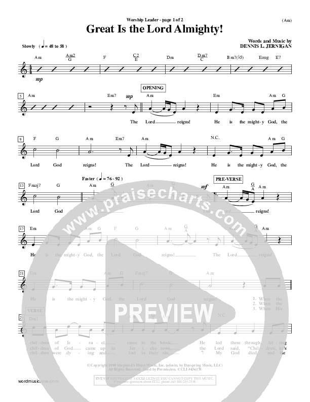 Great Is The Lord Almighty Lead Sheet (Dennis Jernigan)