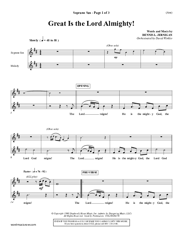 Great Is The Lord Almighty Soprano Sax (Dennis Jernigan)