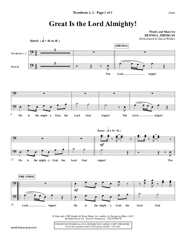 Great Is The Lord Almighty Trombone 1/2 (Dennis Jernigan)