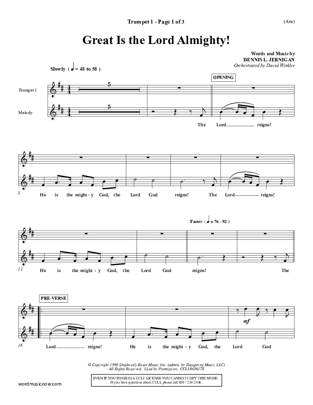 Great Is The Lord Almighty Trumpet 1 (Dennis Jernigan)