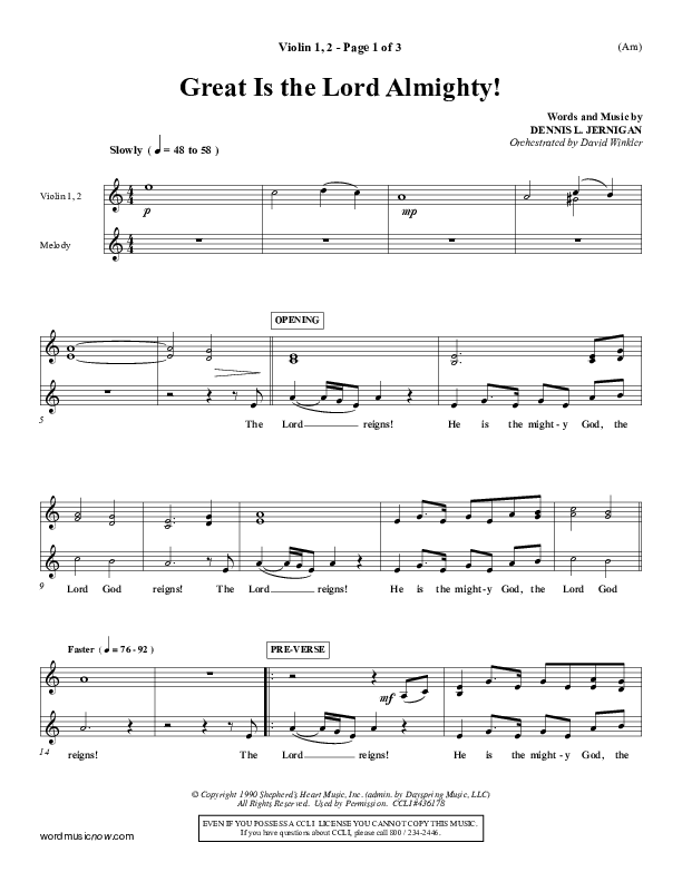 Great Is The Lord Almighty Violin 1/2 (Dennis Jernigan)