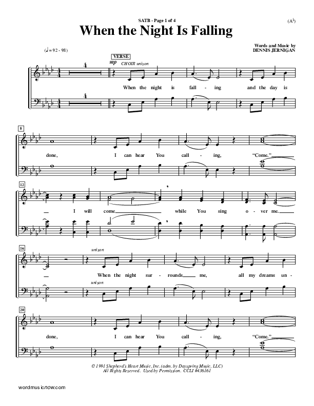 When The Night Is Falling Choir Vocals (SATB) (Dennis Jernigan)