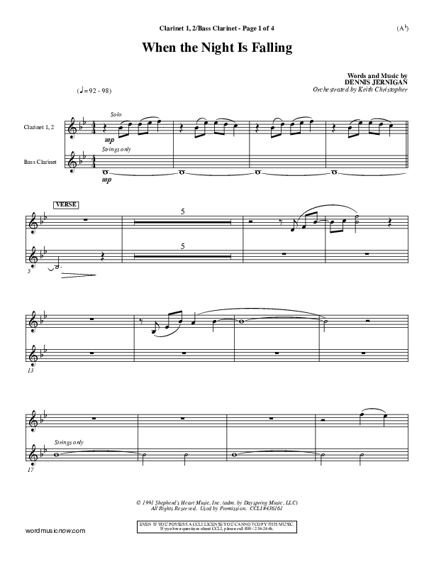 When The Night Is Falling Clarinet 1/2, Bass Clarinet (Dennis Jernigan)