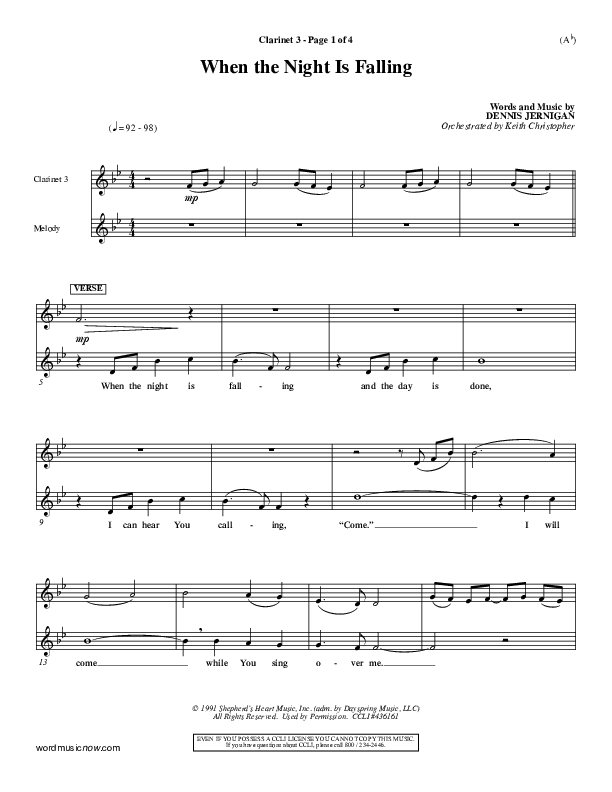 When The Night Is Falling Clarinet 3 (Dennis Jernigan)