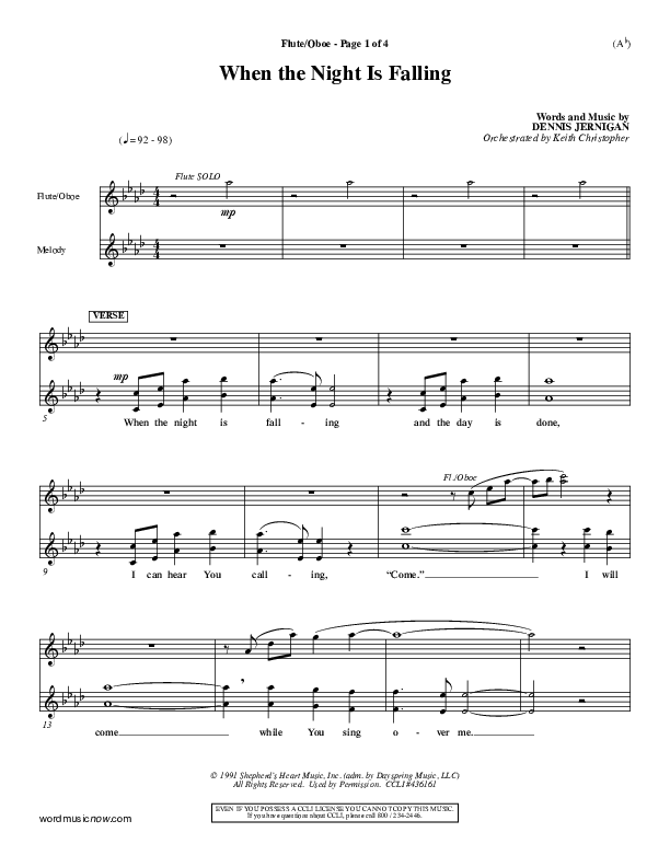 When The Night Is Falling Flute/Oboe (Dennis Jernigan)
