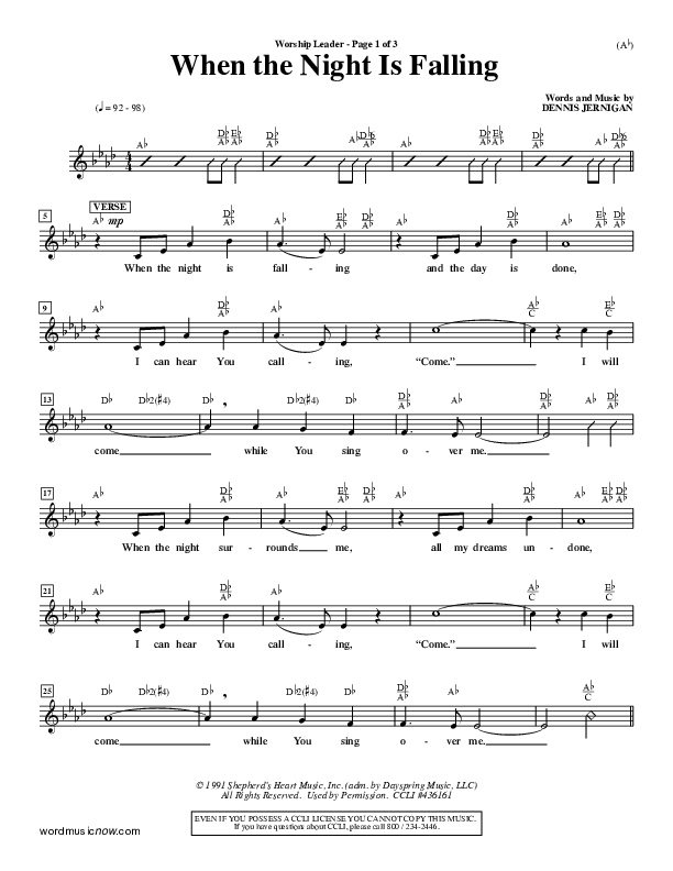 When The Night Is Falling Lead Sheet (Dennis Jernigan)