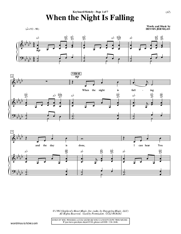 When The Night Is Falling Lead Sheet (Dennis Jernigan)