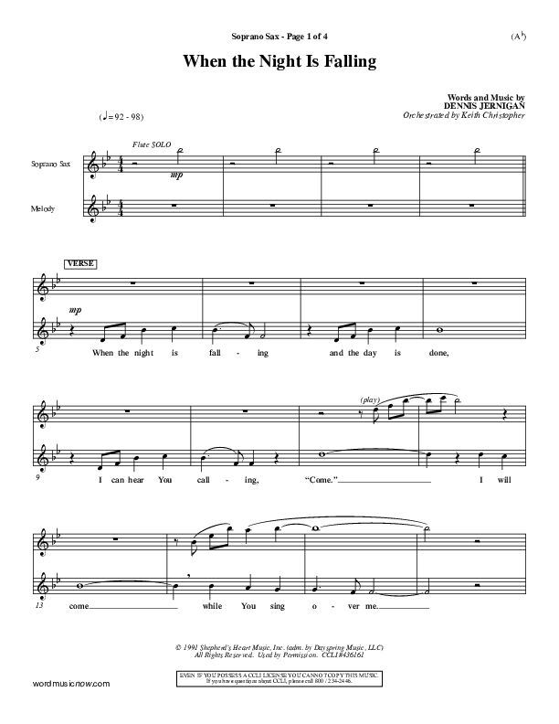 When The Night Is Falling Soprano Sax (Dennis Jernigan)