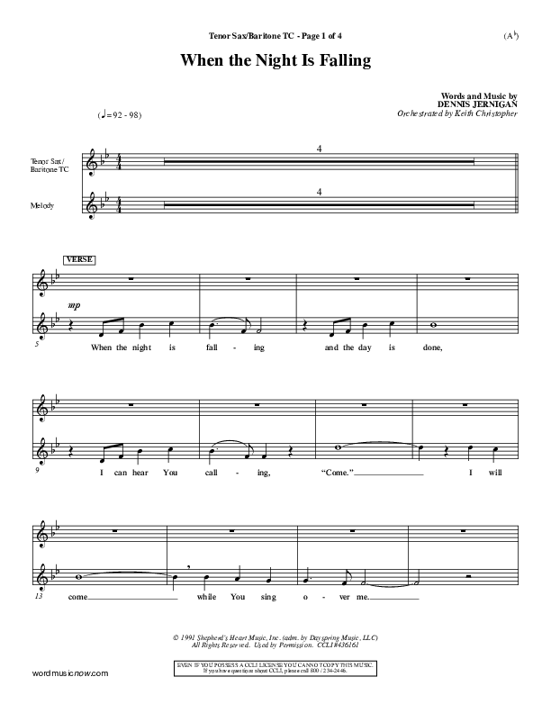 When The Night Is Falling Tenor Sax/Baritone T.C. (Dennis Jernigan)