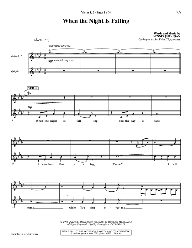 When The Night Is Falling Violin 1/2 (Dennis Jernigan)