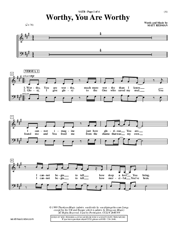 Worthy Choir Sheet (SATB) (Matt Redman)