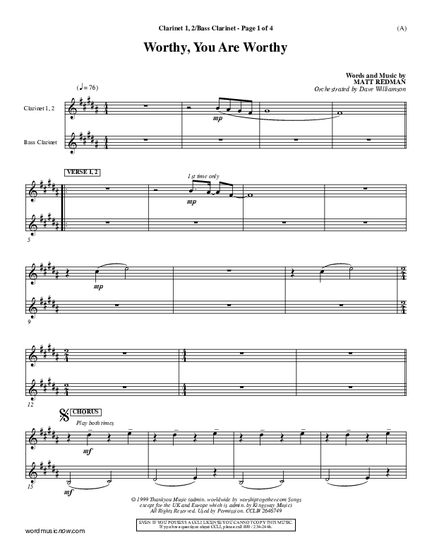 Worthy Clarinet 1/2, Bass Clarinet (Matt Redman)
