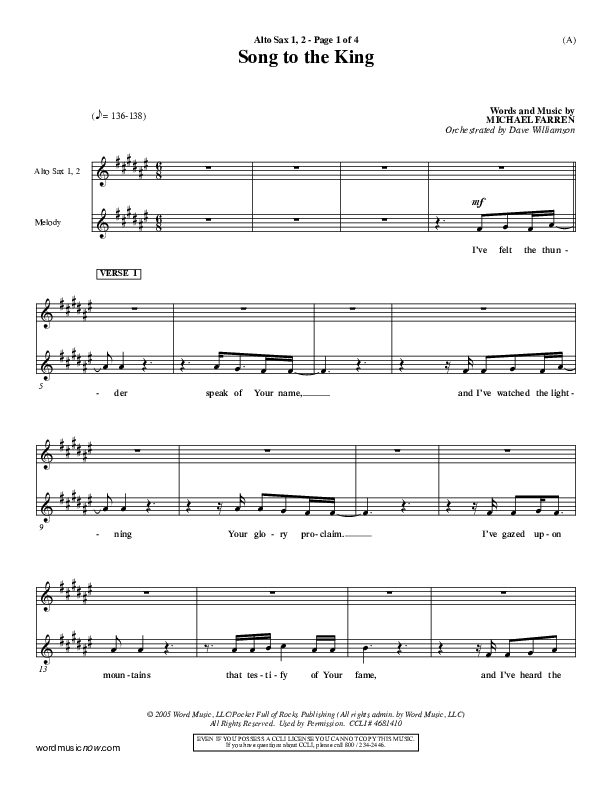 Song To The King Alto Sax 1/2 (Pocket Full Of Rocks)