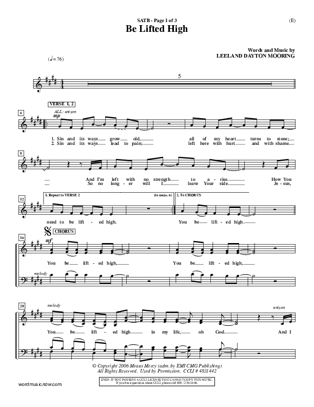 Be Lifted High Choir Vocals (SATB) (Leeland)