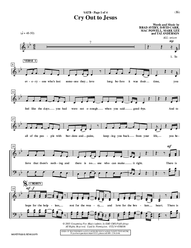 Cry Out To Jesus Vocal Sheet (SATB) (Third Day)
