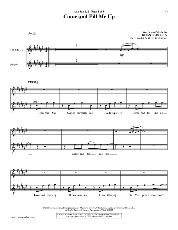 Come And Fill Me Up Alto Sax 1/2 (Brian Doerksen)
