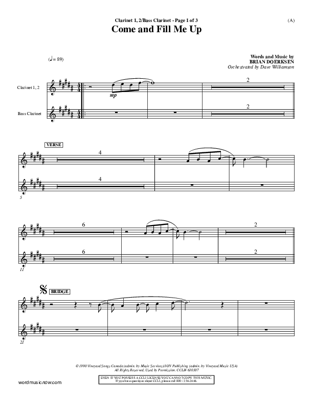 Come And Fill Me Up Clarinet 1/2, Bass Clarinet (Brian Doerksen)