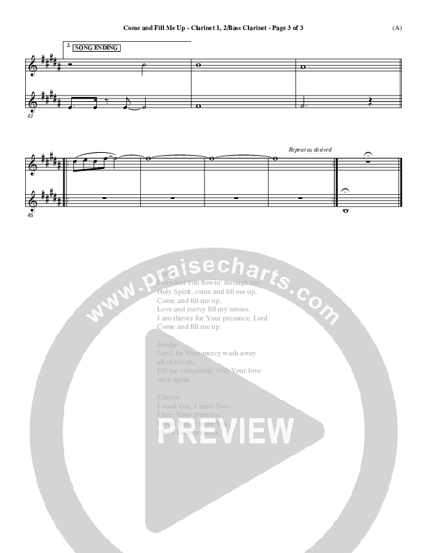 Come And Fill Me Up Clarinet 1/2, Bass Clarinet (Brian Doerksen)