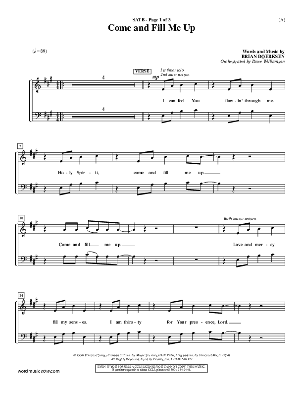 Come And Fill Me Up Piano/Vocal (SATB) (Brian Doerksen)