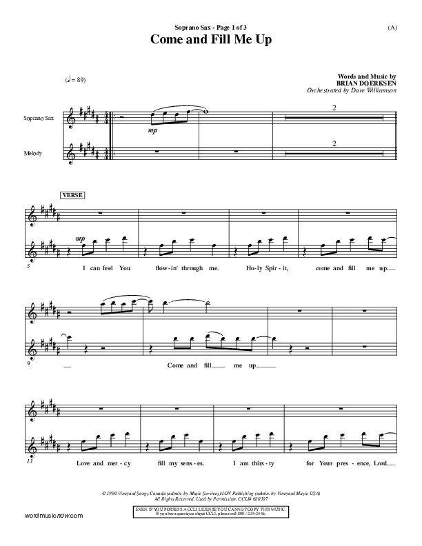 Come And Fill Me Up Soprano Sax (Brian Doerksen)