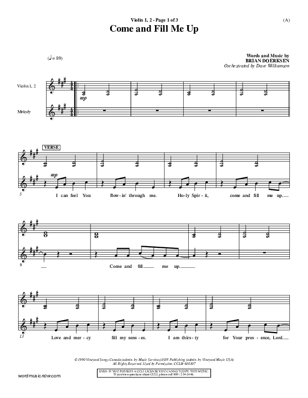 Come And Fill Me Up Violin 1/2 (Brian Doerksen)