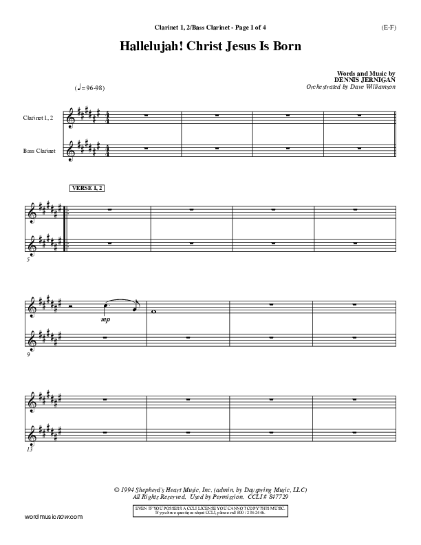Hallelujah Christ Jesus Is Born Clarinet 1/2, Bass Clarinet (Dennis Jernigan)