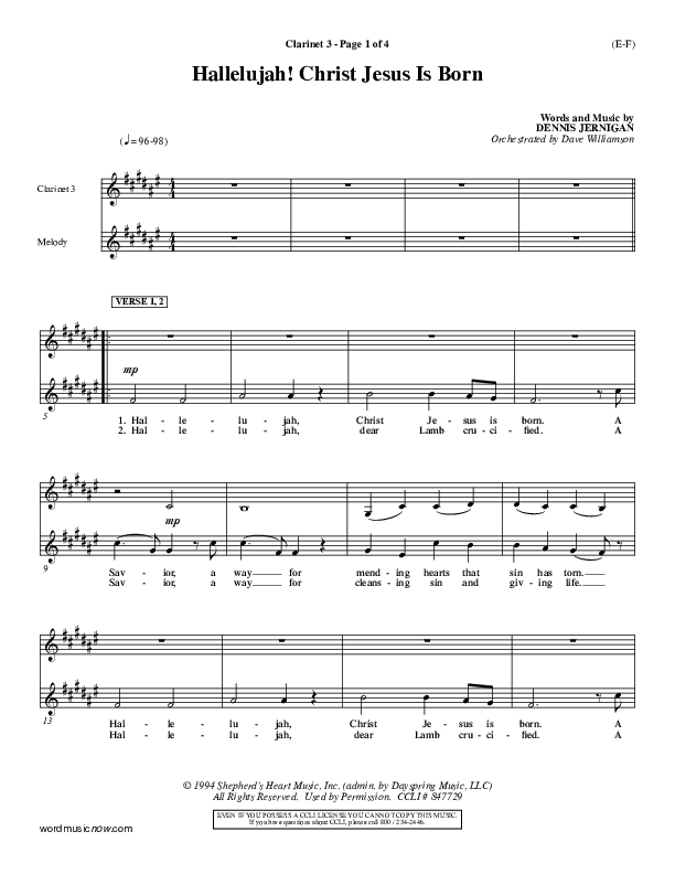 Hallelujah Christ Jesus Is Born Clarinet 3 (Dennis Jernigan)