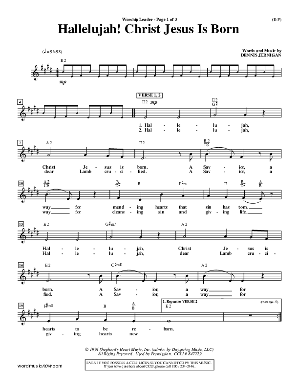Hallelujah Christ Jesus Is Born Lead Sheet (Dennis Jernigan)