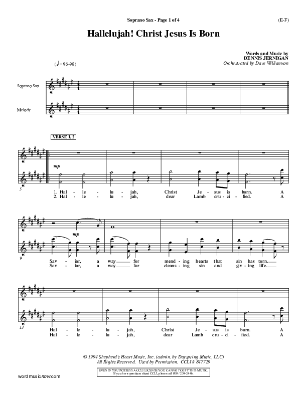 Hallelujah Christ Jesus Is Born Soprano Sax (Dennis Jernigan)