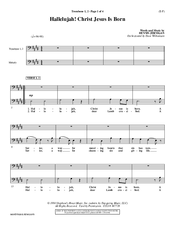Hallelujah Christ Jesus Is Born Trombone 1/2 (Dennis Jernigan)