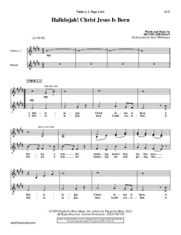 Hallelujah Christ Jesus Is Born Violin 1/2 (Dennis Jernigan)