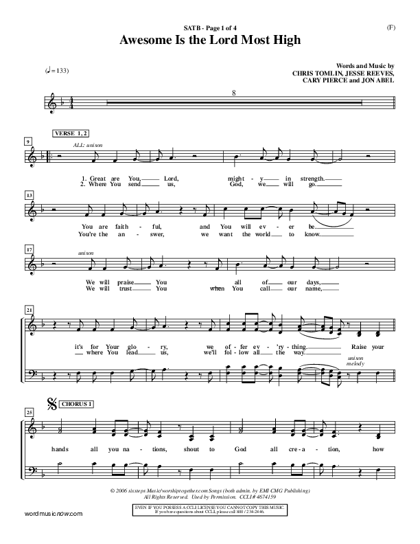 Awesome Is The Lord Most High Choir Vocals (SATB) (Chris Tomlin)