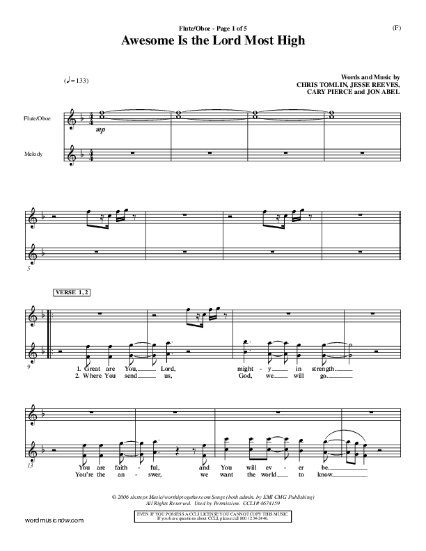 Awesome Is The Lord Most High Flute/Oboe (Chris Tomlin)