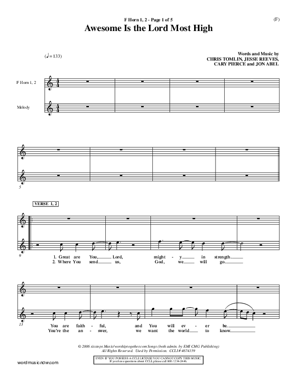 Awesome Is The Lord Most High French Horn 1/2 (Chris Tomlin)