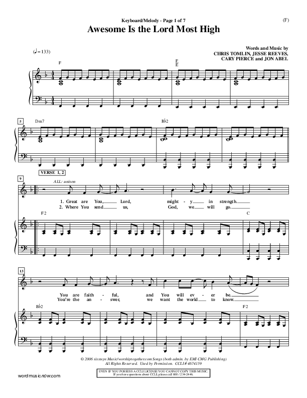 Awesome Is The Lord Most High Piano/Vocal (Chris Tomlin)