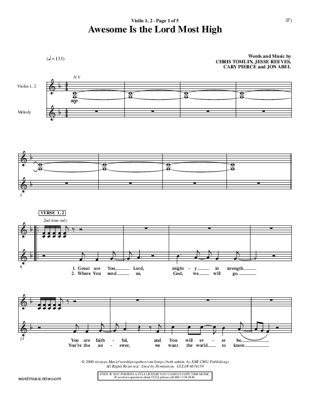 Awesome Is The Lord Most High Violin 1/2 (Chris Tomlin)