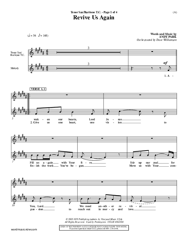 Revive Us Again  Tenor Sax/Baritone T.C. (Andy Park)