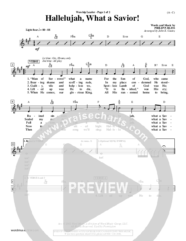 Hallelujah What A Savior Lead Sheet (Philip Bliss)