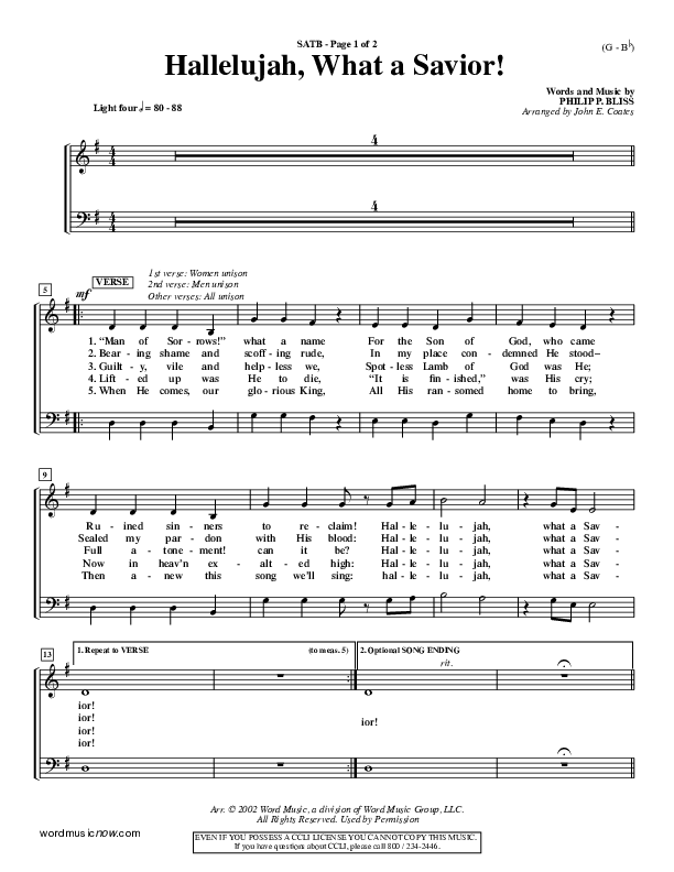 Hallelujah What A Savior Piano/Vocal (SATB) (Philip Bliss)