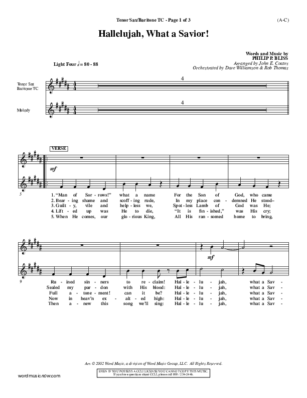 Hallelujah What A Savior Tenor Sax/Baritone T.C. (Philip Bliss)
