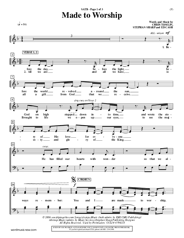 Made To Worship Choir Sheet (SATB) (Chris Tomlin)