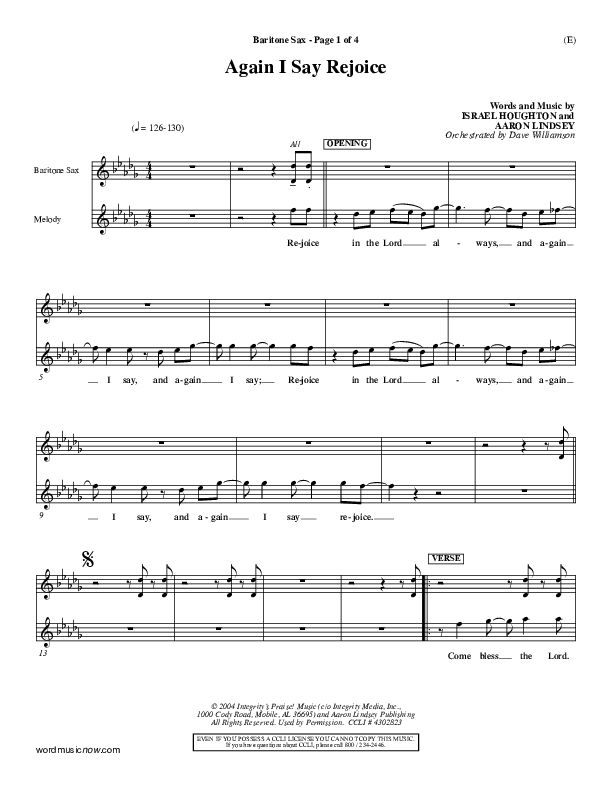 Again I Say Rejoice Bari Sax (Israel Houghton)