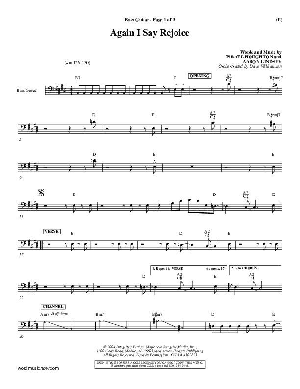 Again I Say Rejoice Bass Guitar (Israel Houghton)