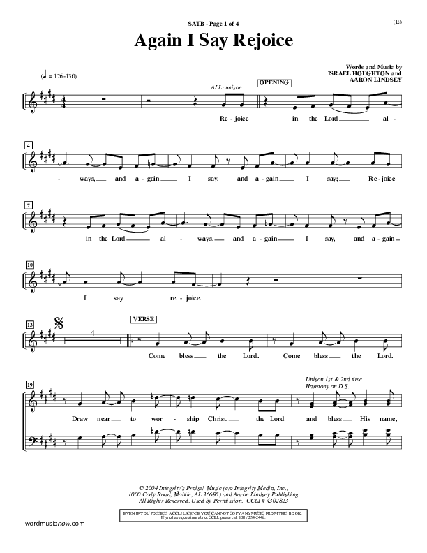 Again I Say Rejoice Choir Vocals (SATB) (Israel Houghton)