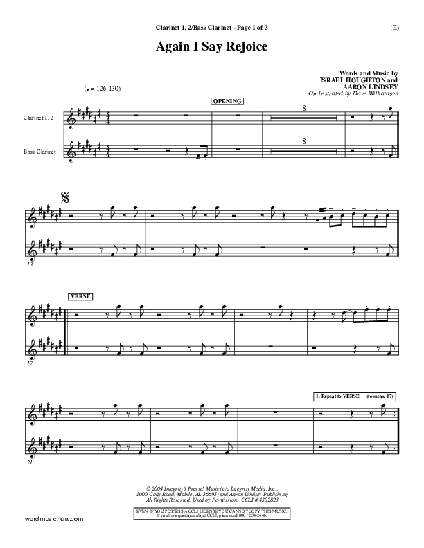 Again I Say Rejoice Clarinet 1/2, Bass Clarinet (Israel Houghton)