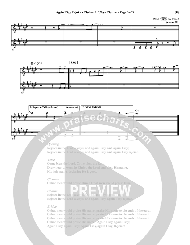 Again I Say Rejoice Clarinet 1/2, Bass Clarinet (Israel Houghton)