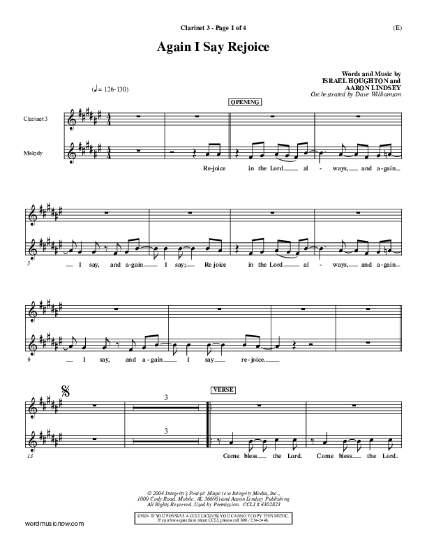 Again I Say Rejoice Clarinet 3 (Israel Houghton)