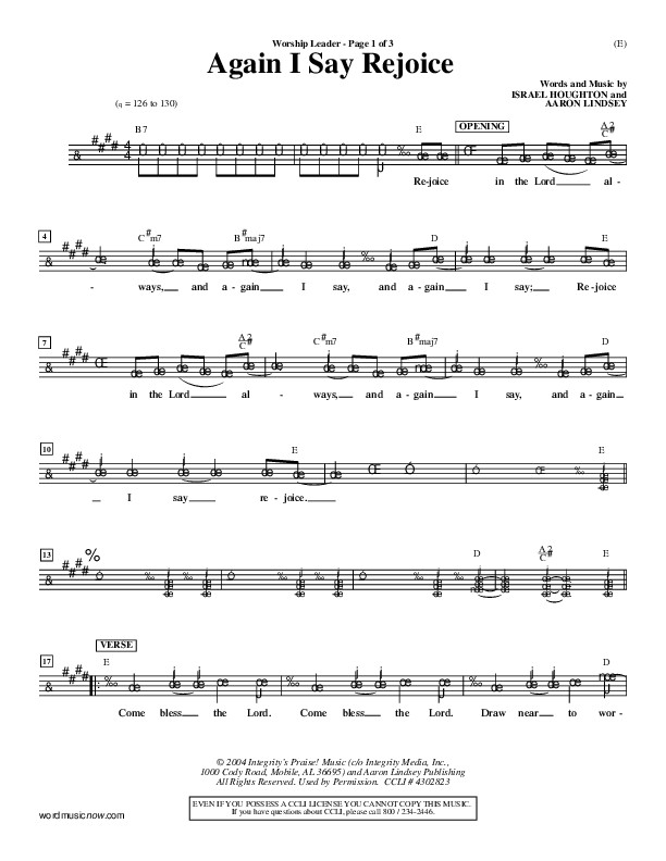 Again I Say Rejoice Lead Sheet (Israel Houghton)