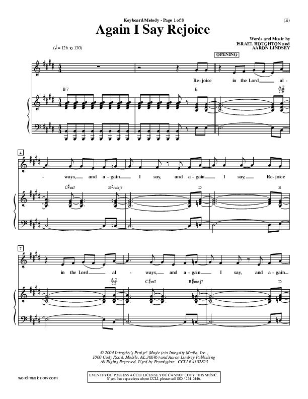 Again I Say Rejoice Piano/Vocal (Israel Houghton)